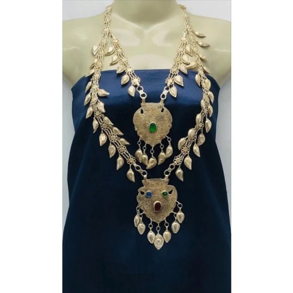 Vintage Silver Kuchi Bib Necklace, Tribal Afghan Pendant with Dangling Tassels